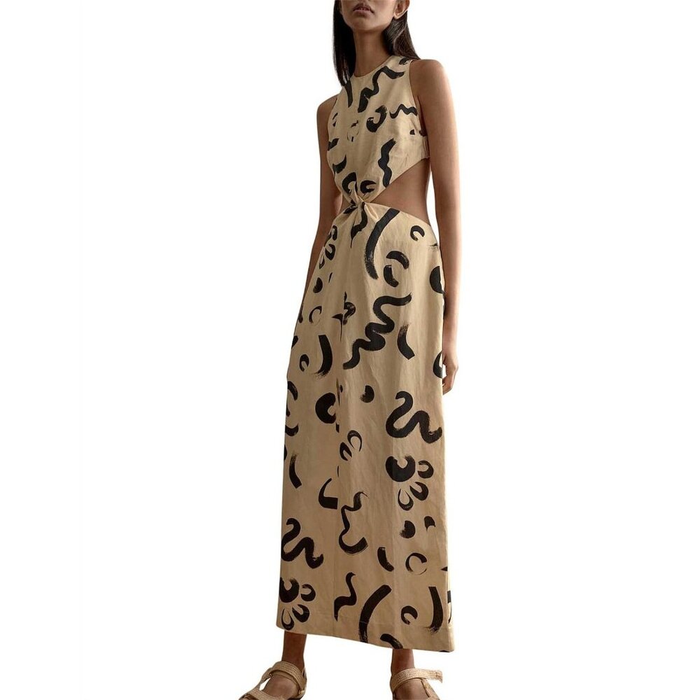 Zimmermann Tan Silk Linen Open Back Brush Stroke Twist Maxi Dress, Size 8 | 12